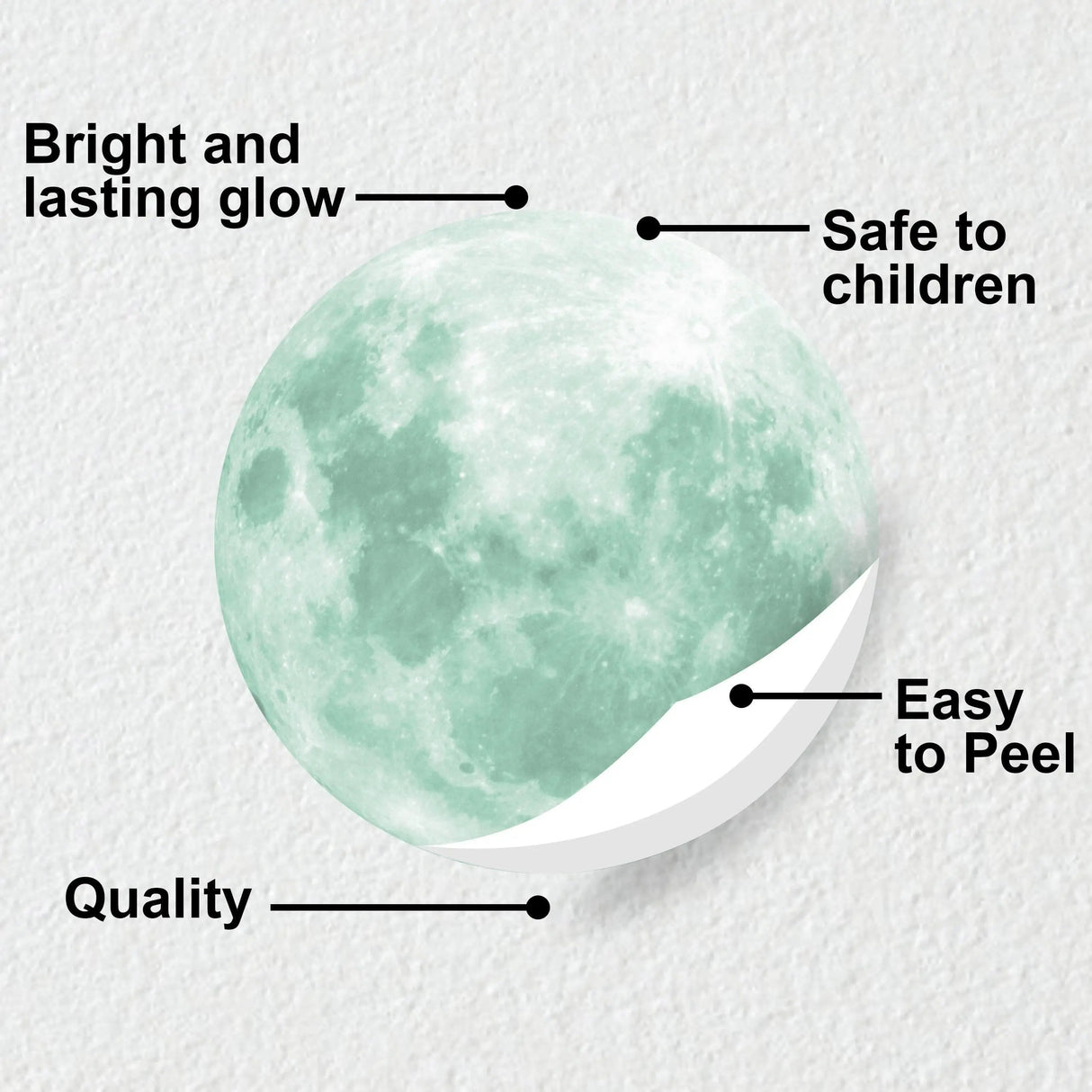 Luminous lunar wall decal featuring bright glow, child-safe design, easy peel application, and high quality.