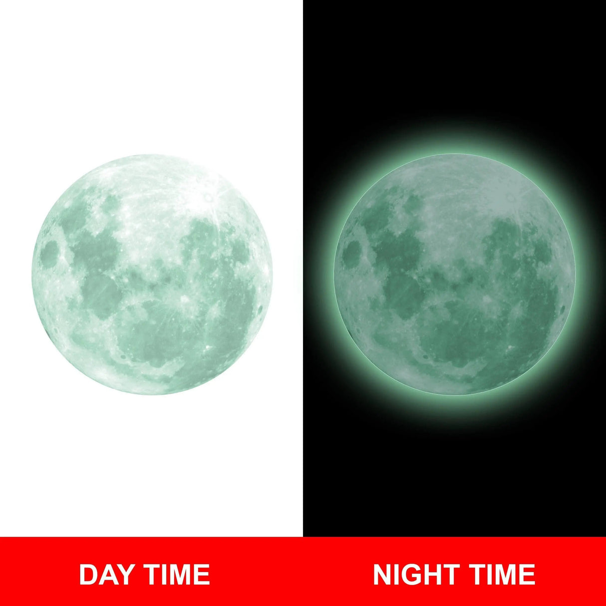 Glow-in-the-dark moon wall sticker showing daytime and nighttime effects for magical room decor.