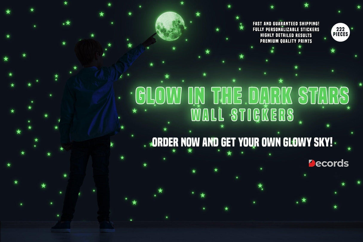 Child standing in front of a wall covered with glow in the dark star stickers, creating a magical celestial atmosphere.