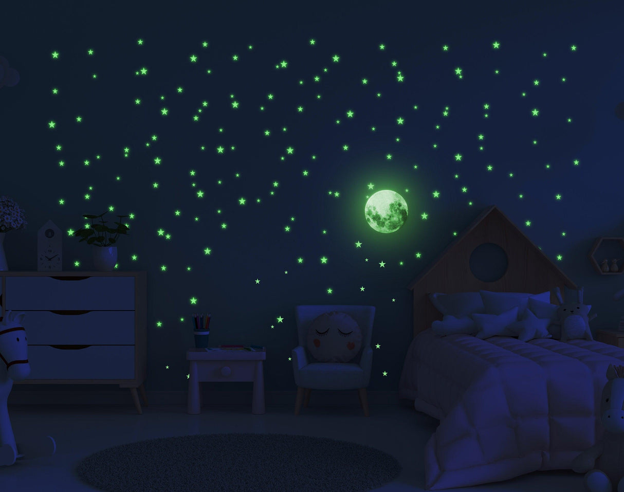 Glowing stars and moon on a nursery wall, creating a magical starry night atmosphere for kids.