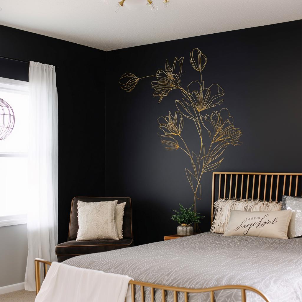 Gold floral line art wall decal on dark wall in modern bedroom, adding elegance and minimalism to the space.