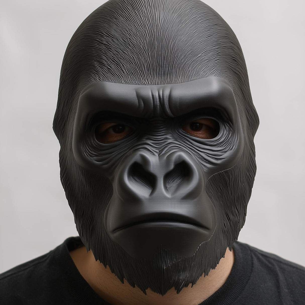 Realistic 3D printed Gorilla face mask worn for costume and cosplay, perfect for Halloween and jungle parties.