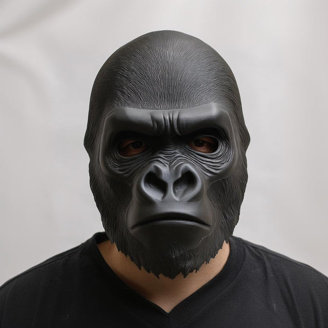Realistic 3D printed Gorilla Face Mask worn by a person, ideal for costumes and cosplay.