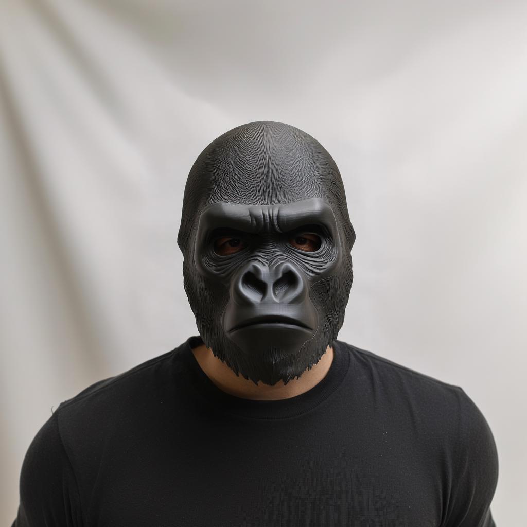 Realistic 3D printed gorilla face mask on a person, ideal for costumes and Halloween parties.