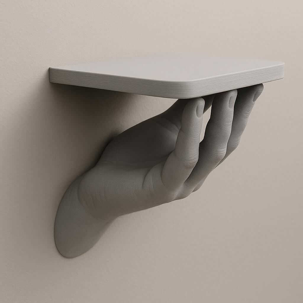 3D printed hand wall shelf in gray, minimalist design, perfect for modern decor and unique storage solutions.