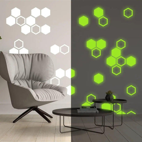Glow in the dark hexagon wall stickers illuminating a room, showcasing decorative patterns and designs.