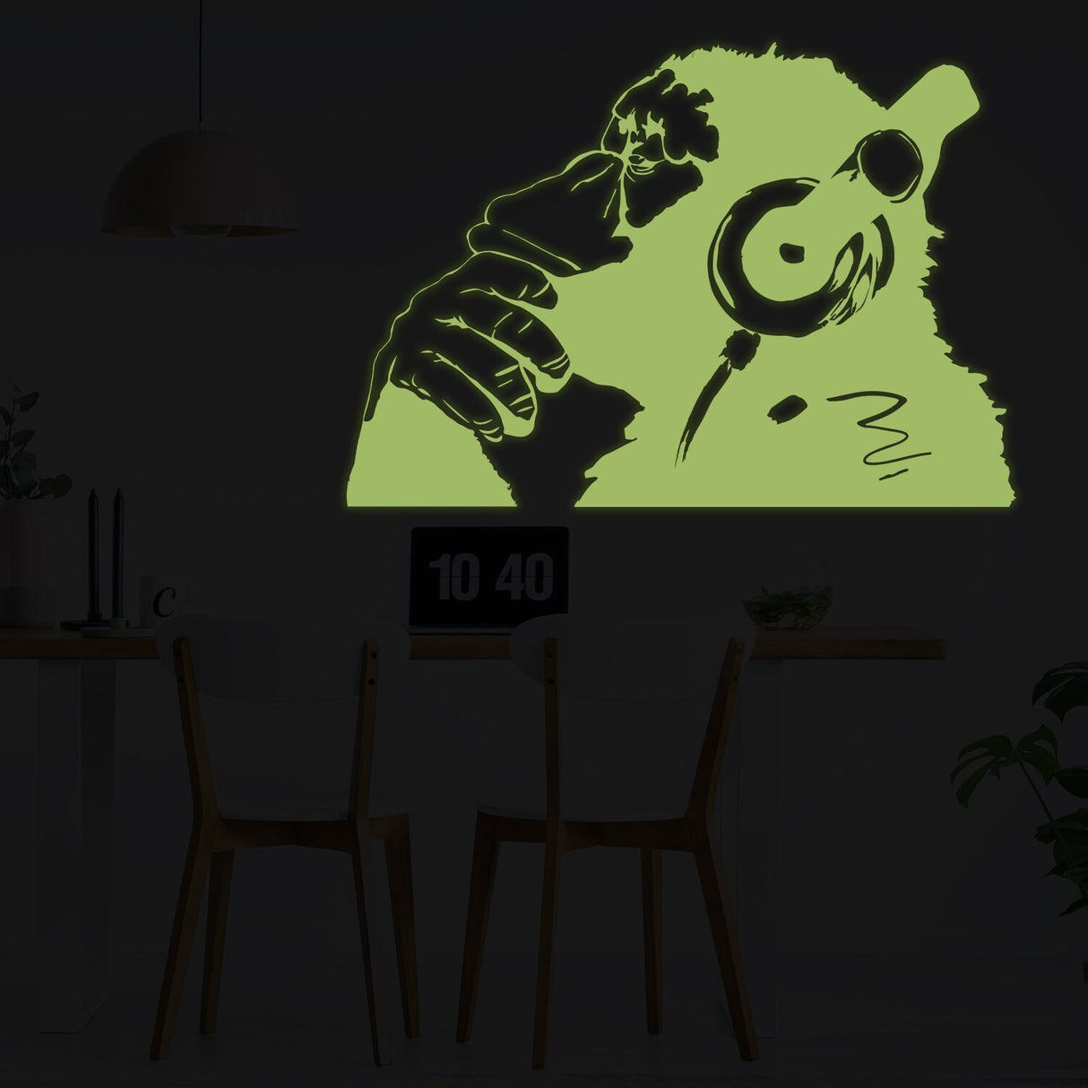 Banksy Glowing Vinyl Wall Decal Monkey With Headphones - Glow in Dark Chimp Listening to Music Earphones