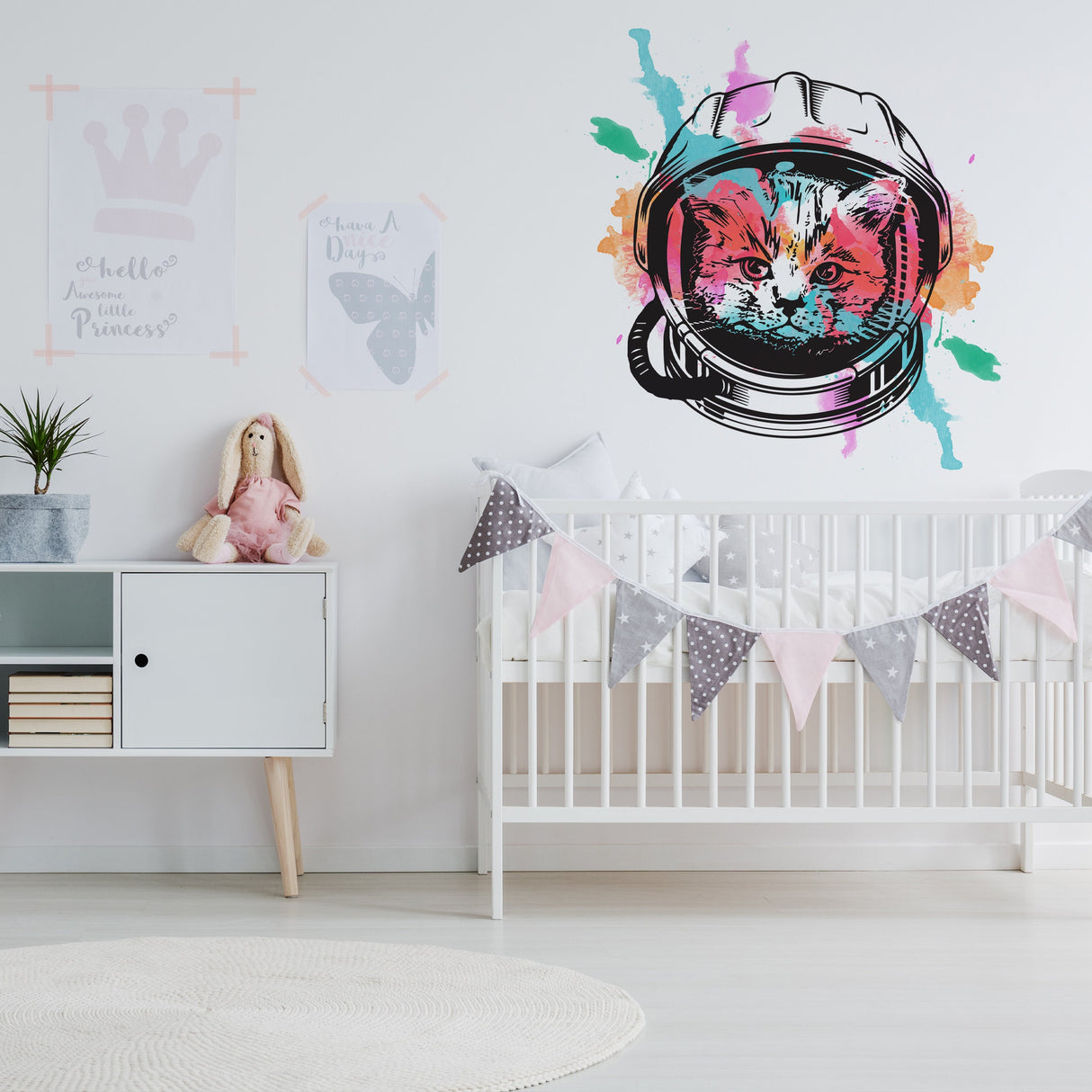 Space Cat Wall Art Decor Transfer Sticker - Funny Astronaut Kitten Decoration Decal