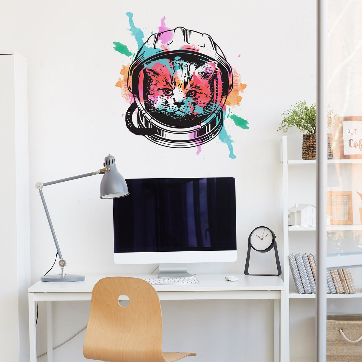 Space Cat Wall Art Decor Transfer Sticker - Funny Astronaut Kitten Decoration Decal