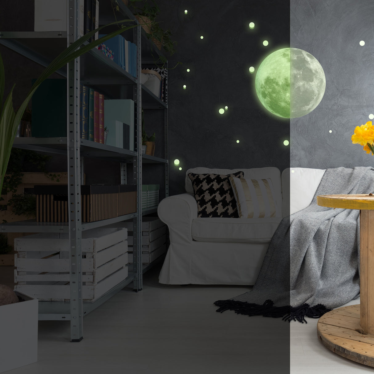 Glow In The Dark Full Moon And Star Wall Sticker - Bedroom Ceiling Decoration Large Glowing Decal