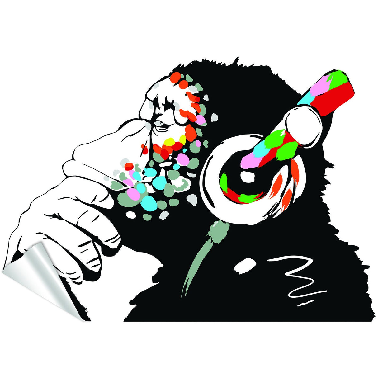 Banksy Monkey With Headphones Wall Sticker - Large Bansky Thinking Dj Chimp Vinyl Decal