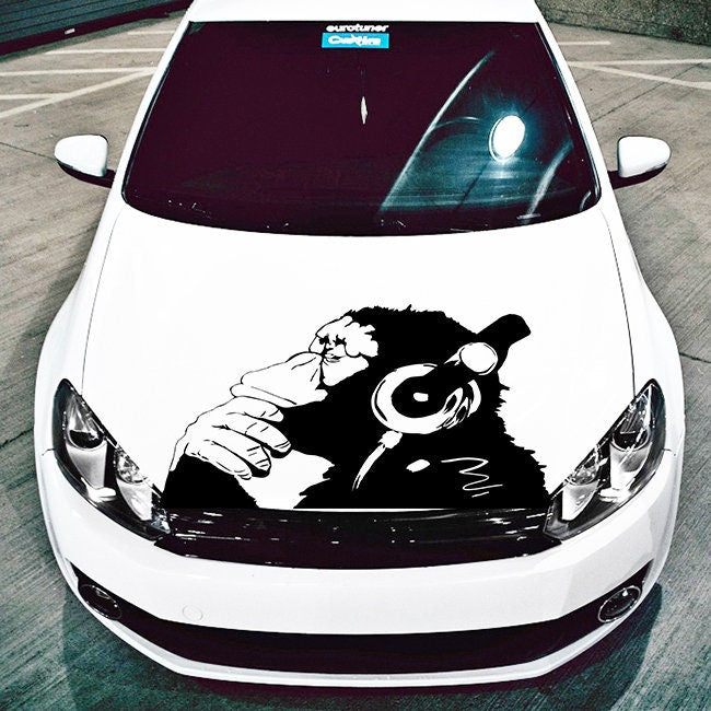 Banksy Monkey With Headphones Wall Sticker - Large Bansky Thinking Dj Chimp Vinyl Decal