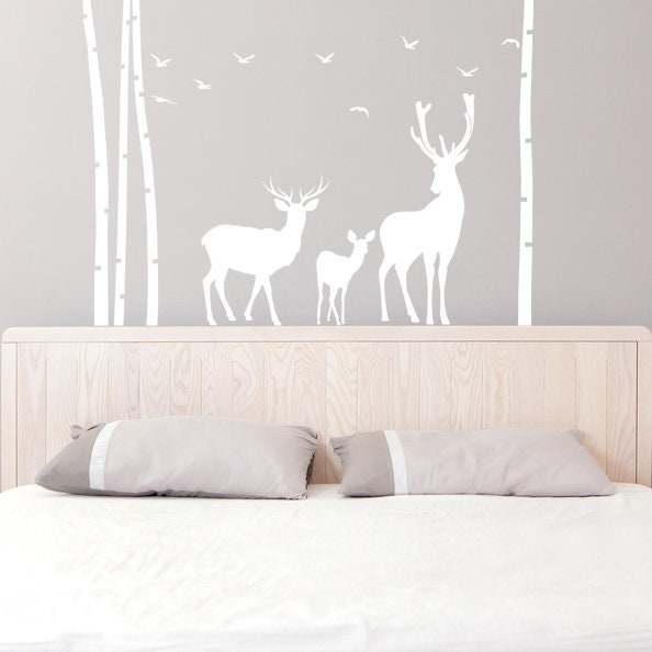 Deer Wildlife Wall Decal - Birch Tree Forest Moose Vinyl Sticker For Nursery Baby Kid Room Decor