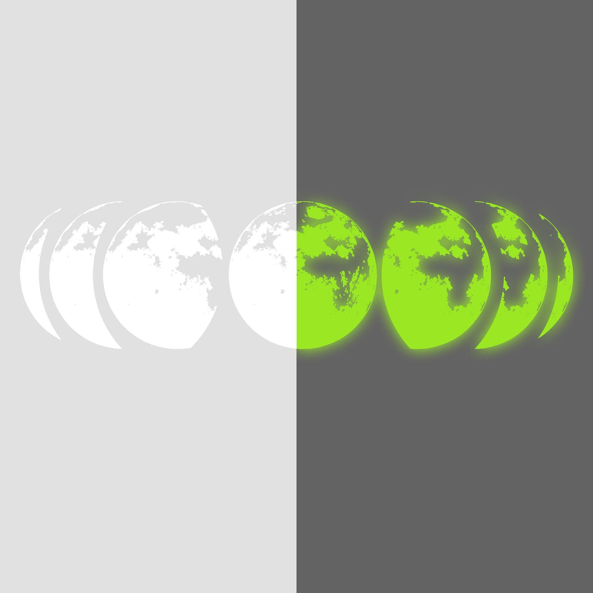 Glow-in-the-dark planet stickers showing phases from white to bright green, ideal for decorating walls.