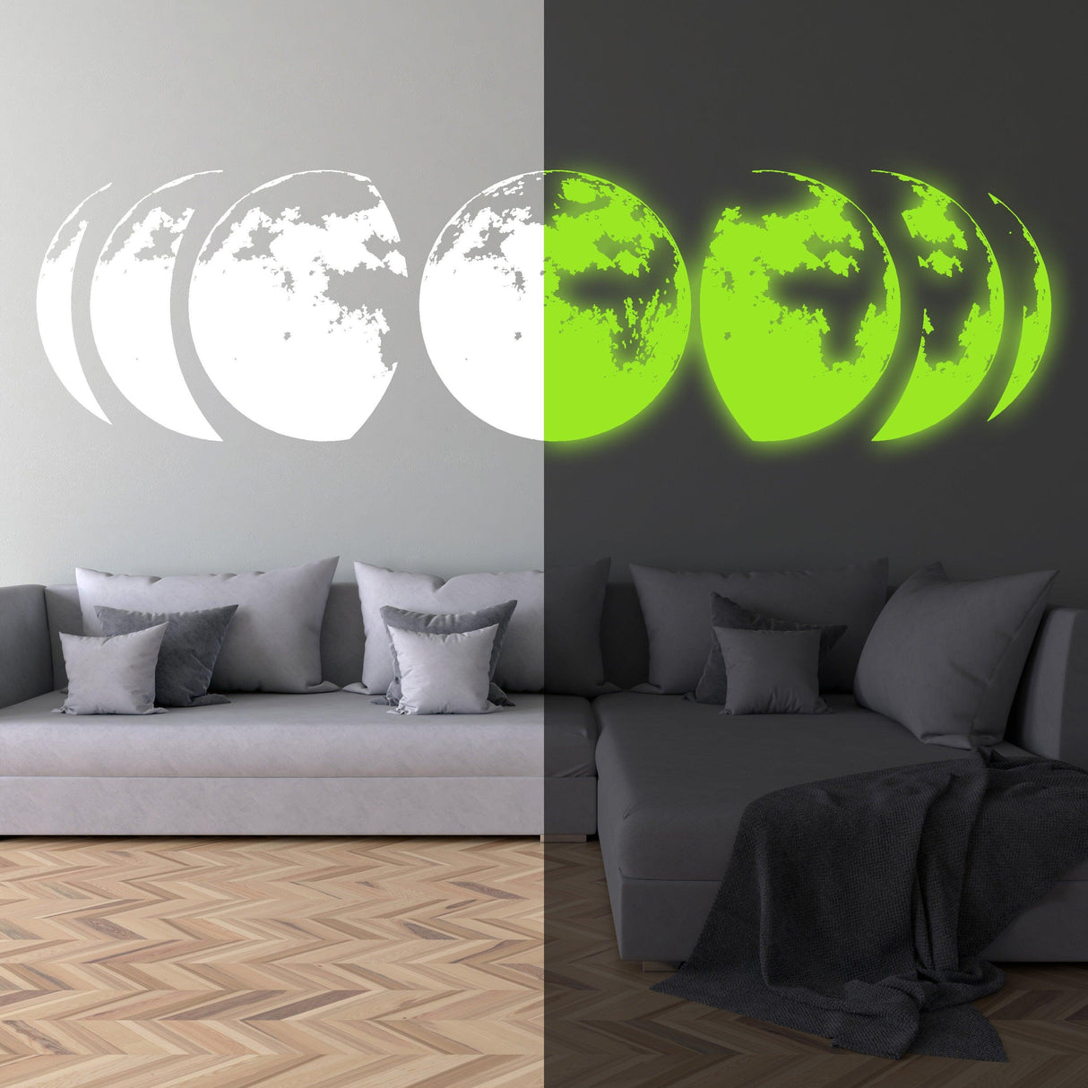 Glow-in stickers on a wall showing a glowing moon phase design, bright at night and white during the day.