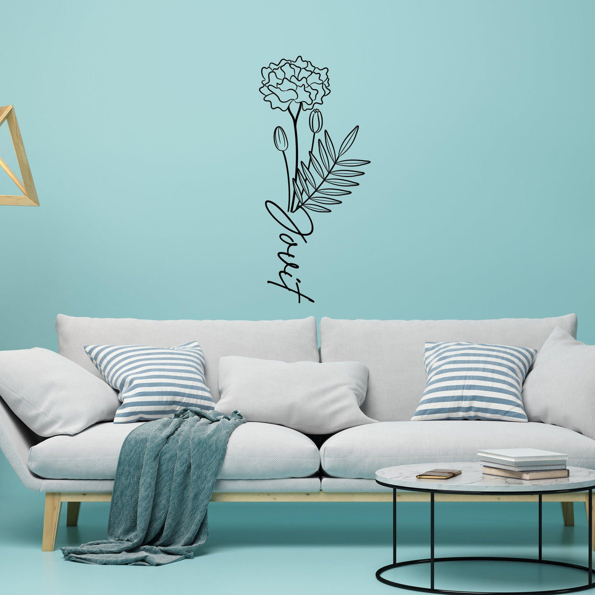 Personalized birth flower wall decal featuring a carnation, enhancing a stylish living room decor.
