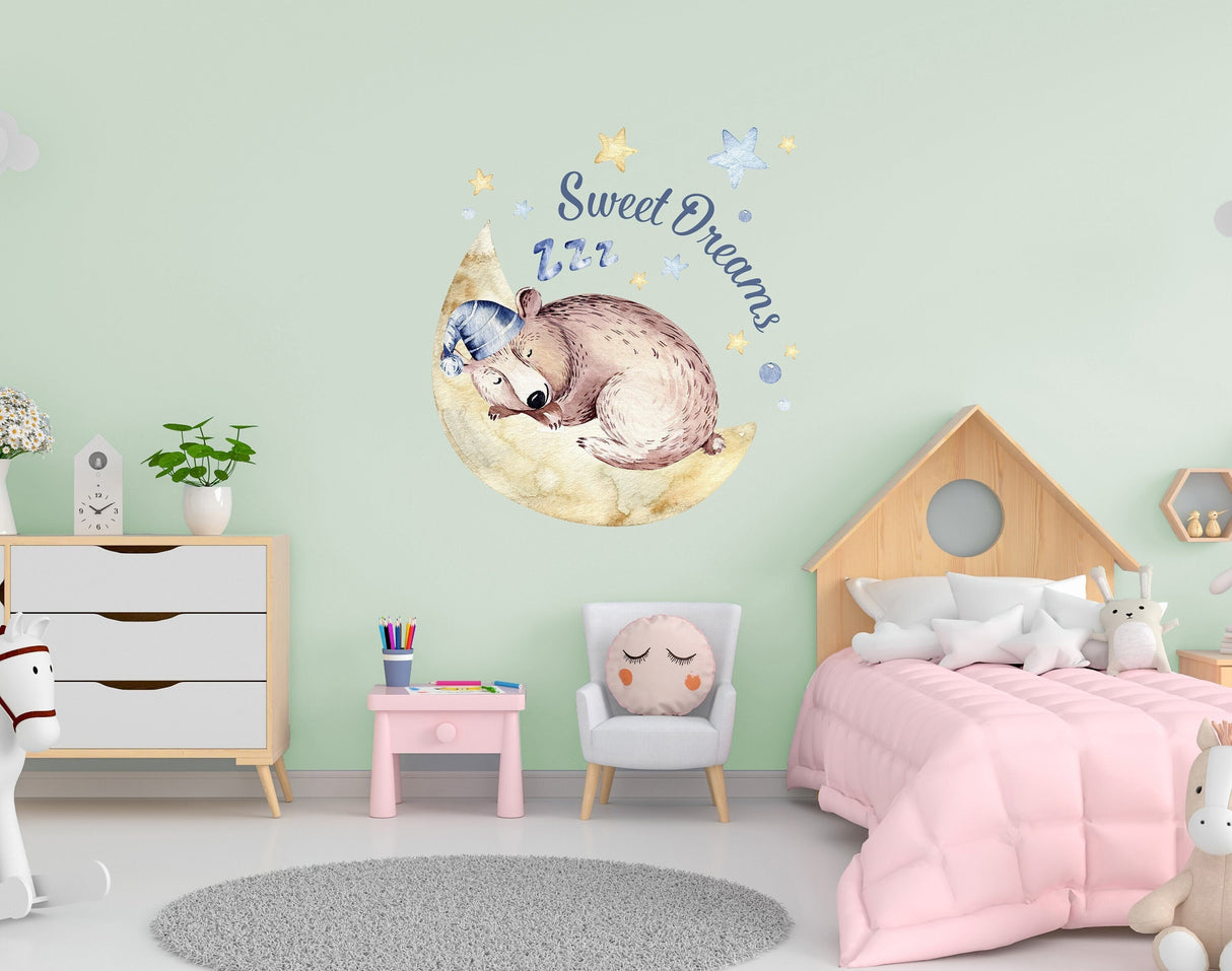 Sleeping Animal Nursery Wall Sticker - Sweet Dreams Cloud Kid Baby Room Decor Decal
