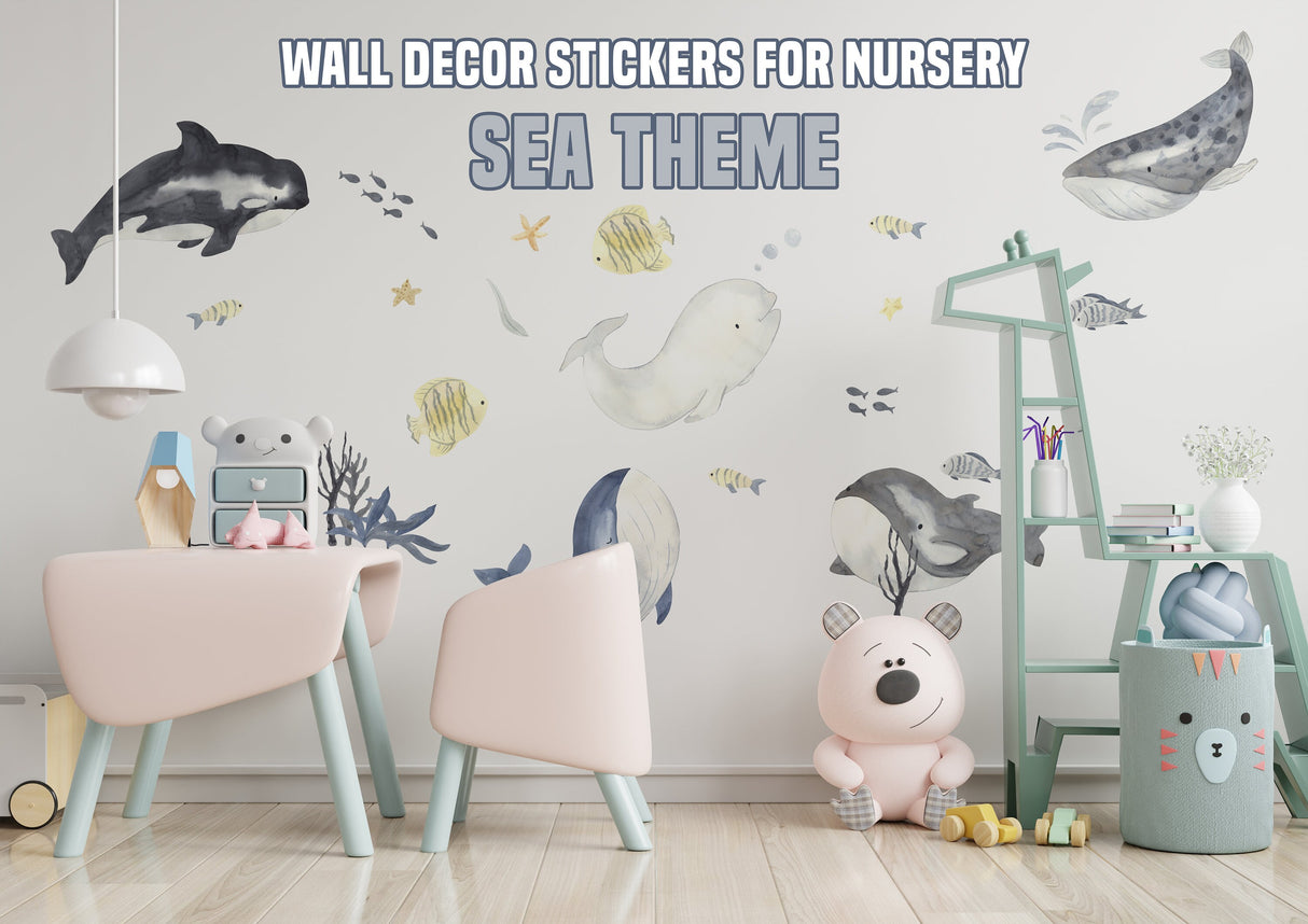 Sea Whales Wall Sticker For Kids Room Decor - The Under Ocean Life Baby Boy Nursery Decal