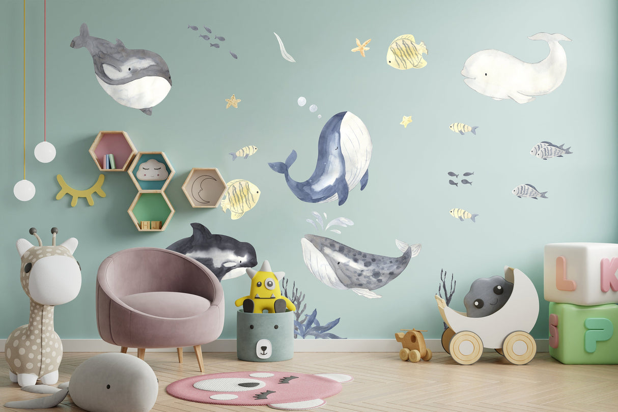 Sea Whales Wall Sticker For Kids Room Decor - The Under Ocean Life Baby Boy Nursery Decal