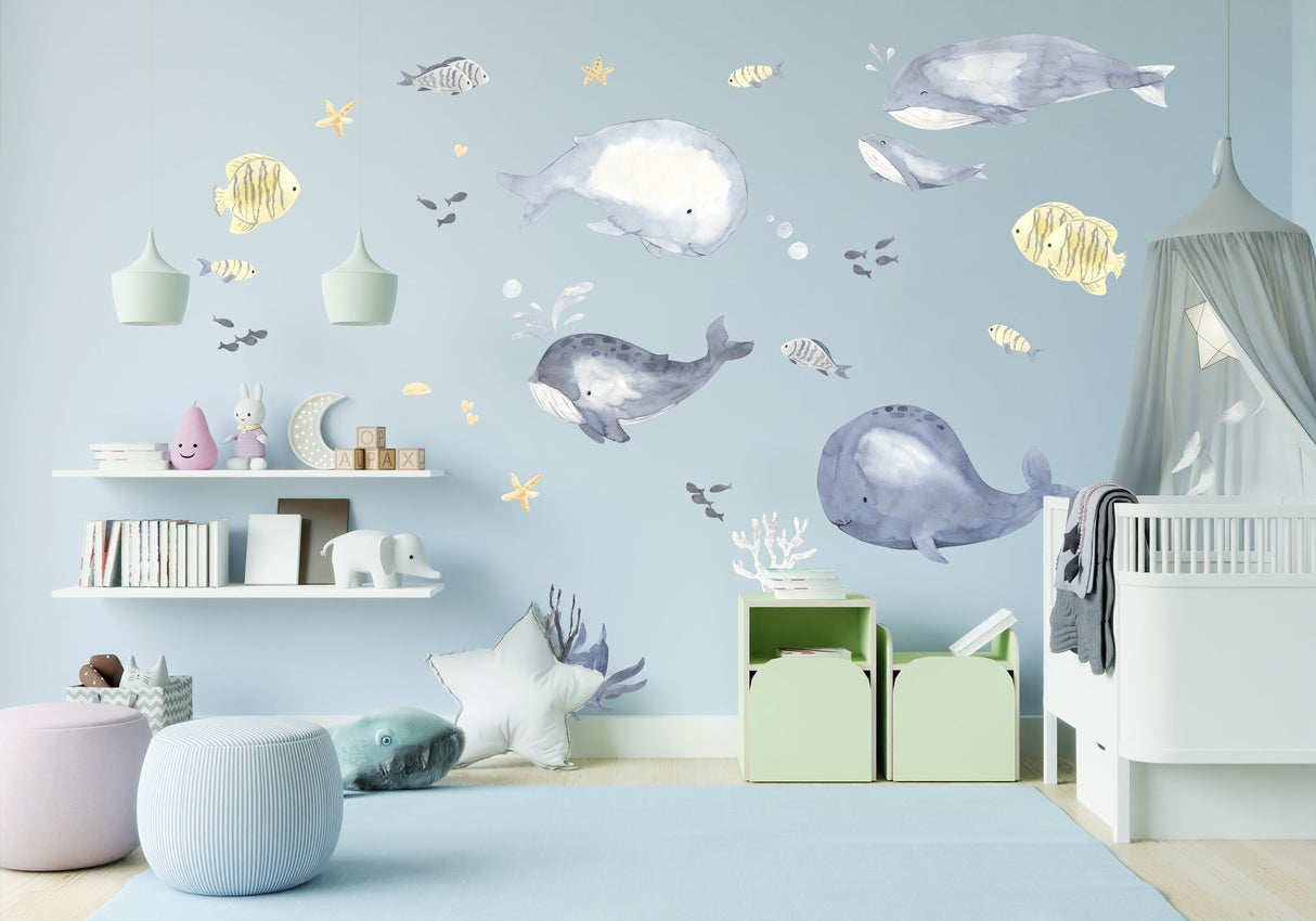 Sea Whales Wall Sticker For Kids Room Decor - Fish Theme Baby Boy Nursery Decal
