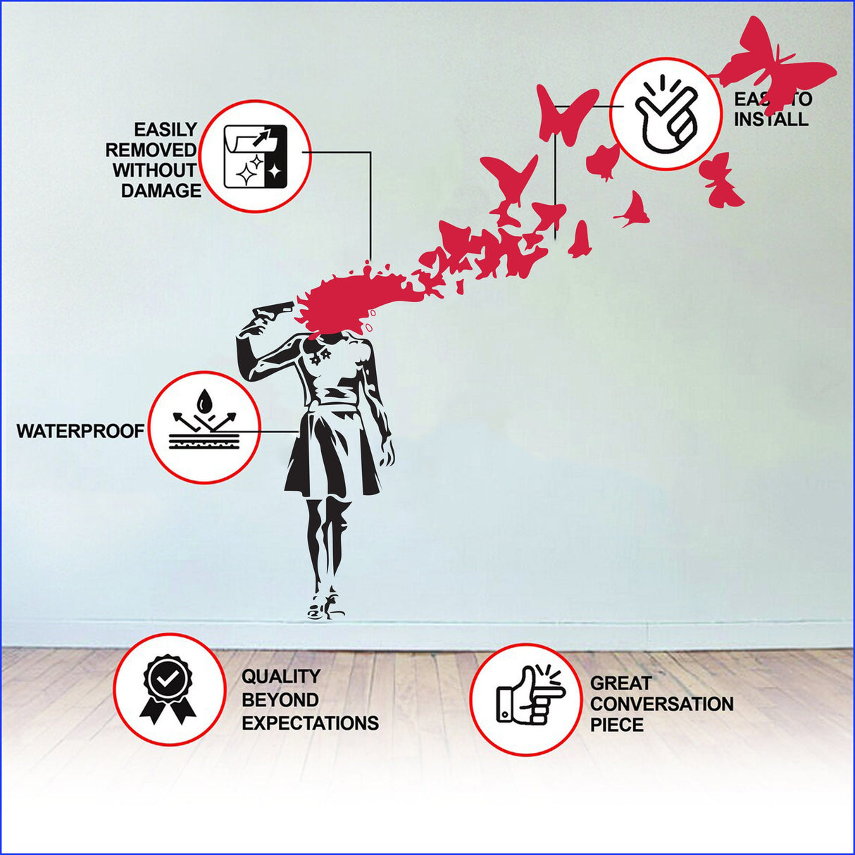Banksy Suicide Girl With Butterfly Wall Decal - Bansky Street Art Graffiti Gun Vinyl Sticker For Wall