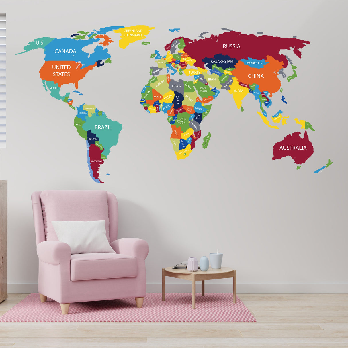 Large World Map Wall Decal - Giant Travel Globe with Country Names Vinyl Sticker