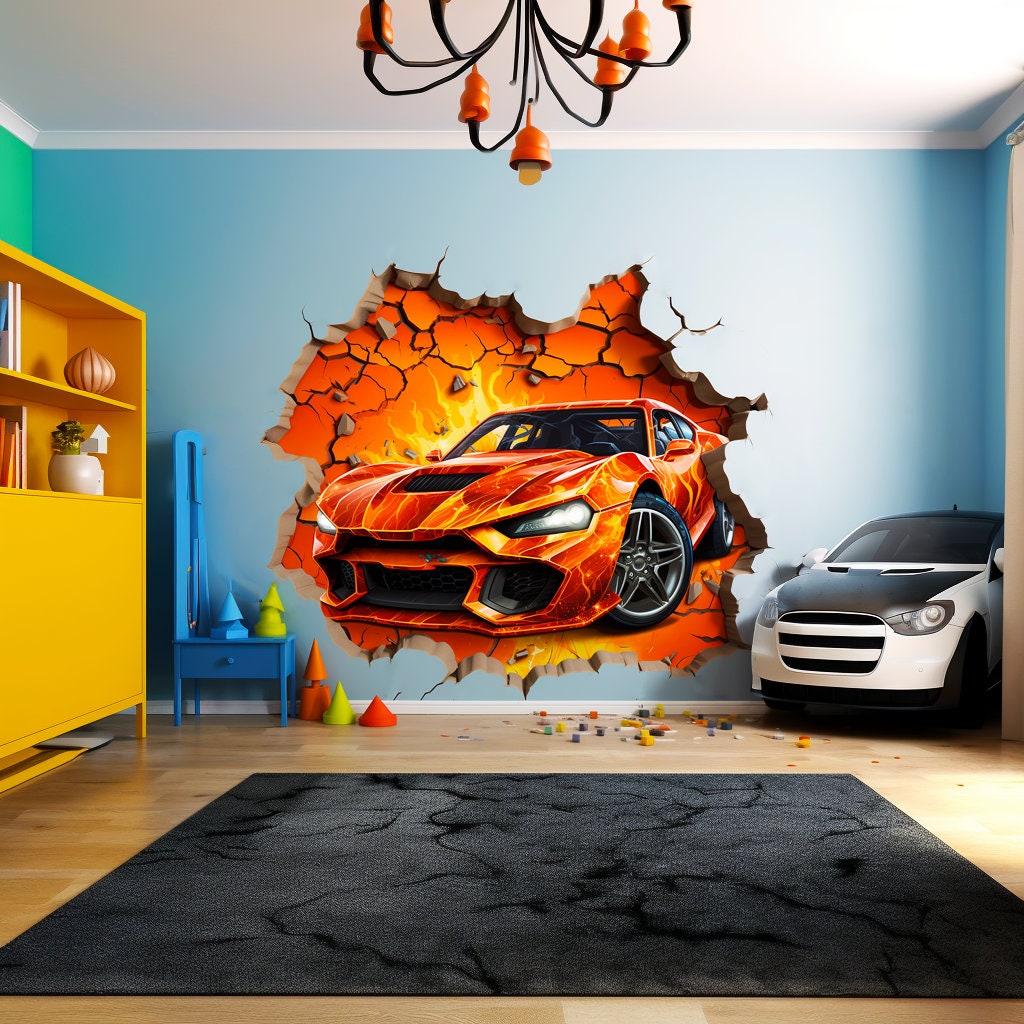 3D Fire Car Wall Sticker - Dynamic Crack Auto in Hole Art Decal - Boys Bedroom Broken Smashed Wall Vehicle Mural Decor - Sports Car Sticker