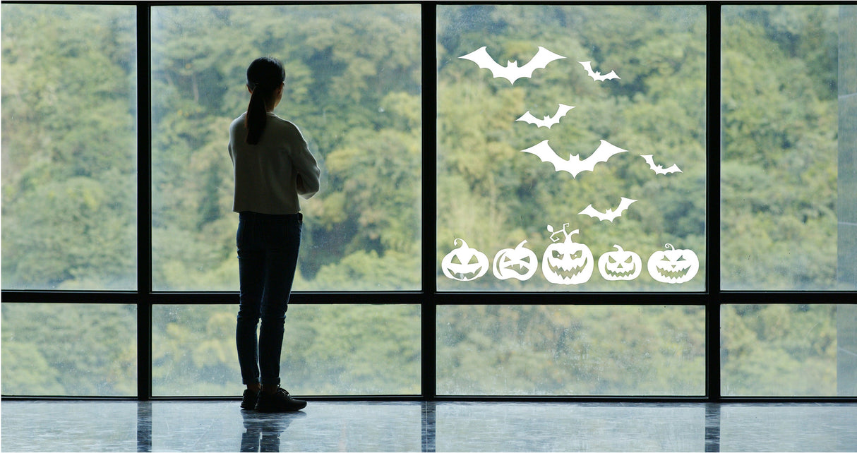 Halloween Window Decals Pack - Festive Pumpkins and Bats Display Stickers Set