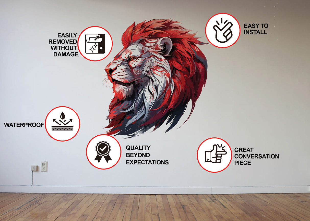 Cybernetic Lion Head Wall Decal - Red-Maned Futuristic Lion Art - Tech-Inspired Wisdom Wall Sticker