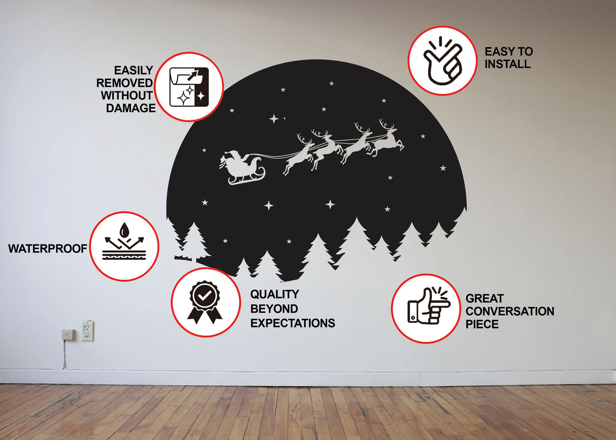 Starry Sky Santa & Sleigh with Deers Wall Decal - Christmas Silhouette Stickers