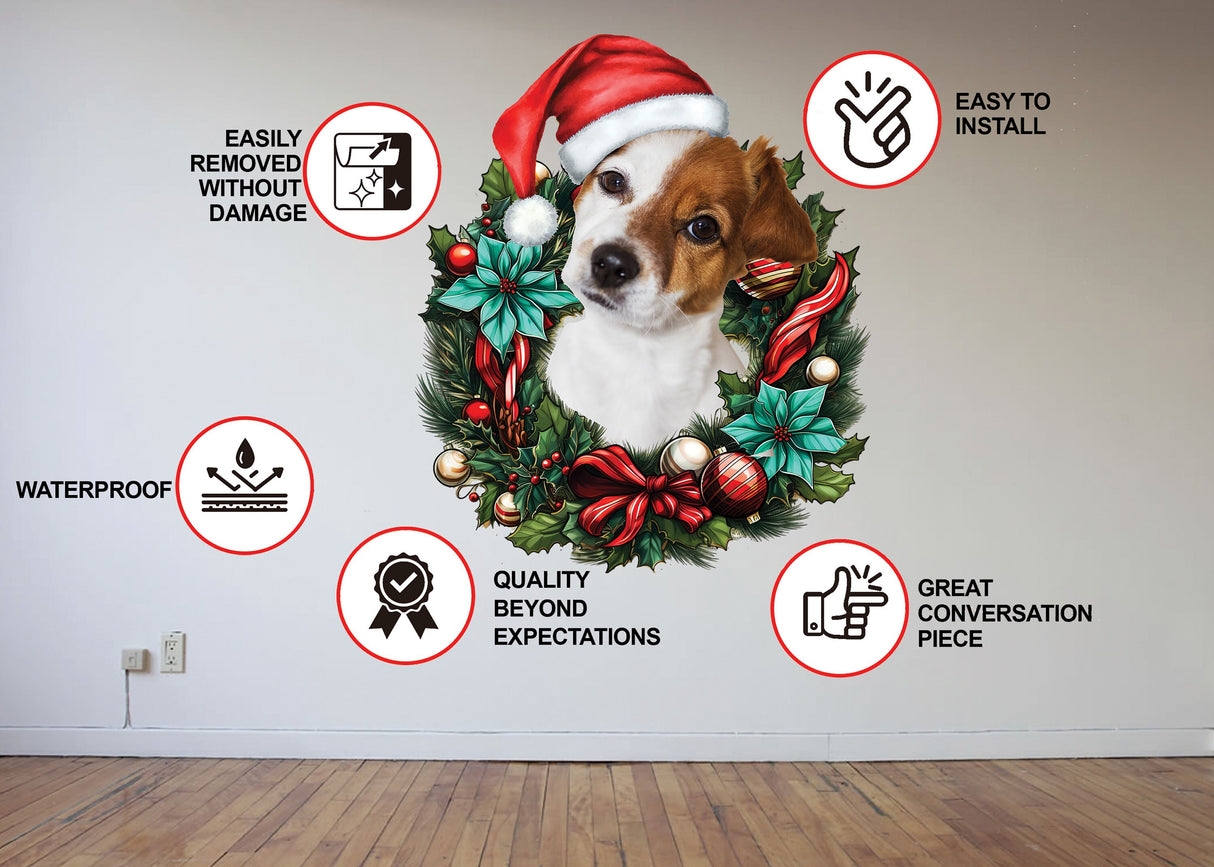 Custom Pet Christmas Wreath Wall Decal - Dog Photo Personalized Festive Sticker - Cat in Red Hat Vinyl Mural