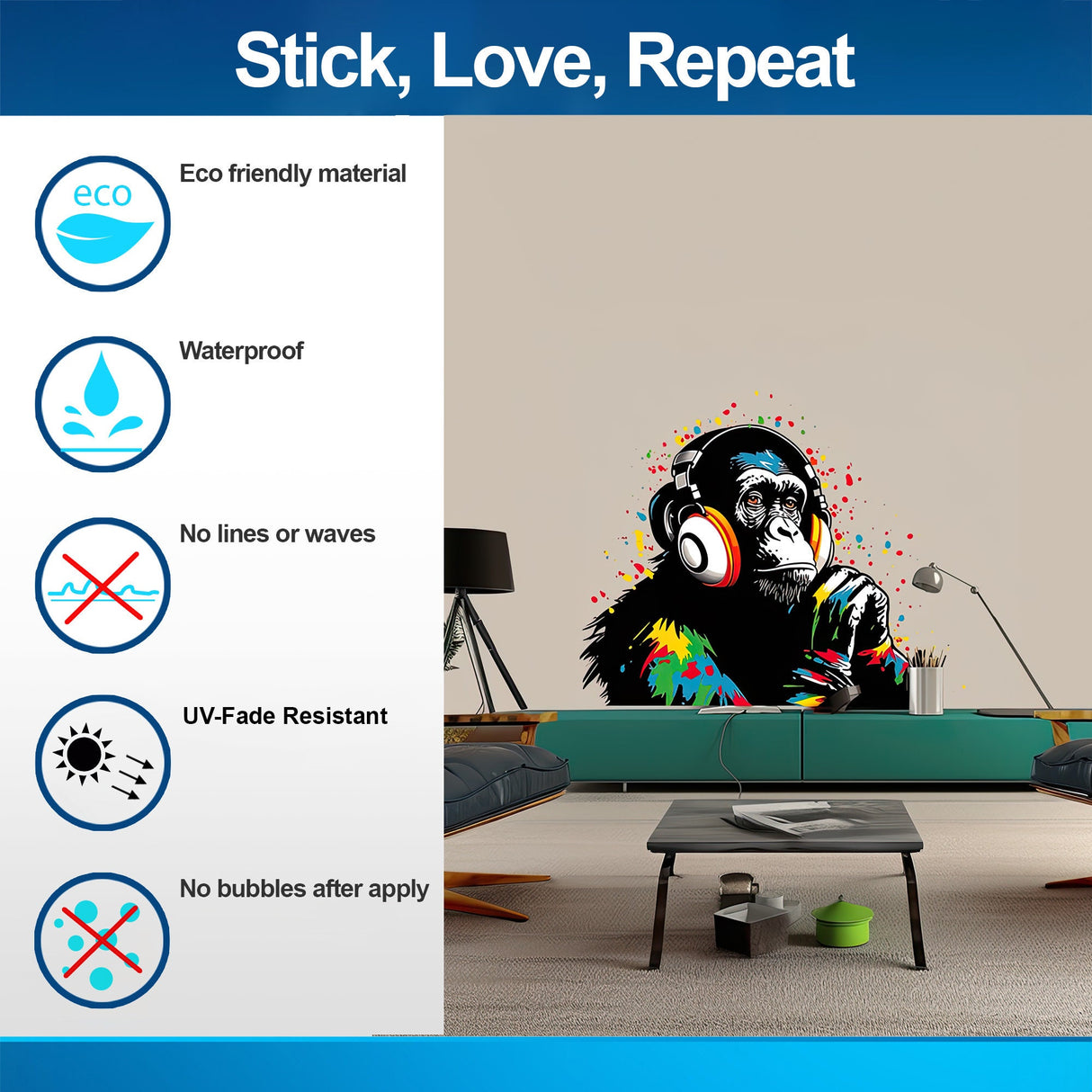 DJ Monkey Wall Decal - Vinyl Art Mural Thinking Gorilla with Headphones