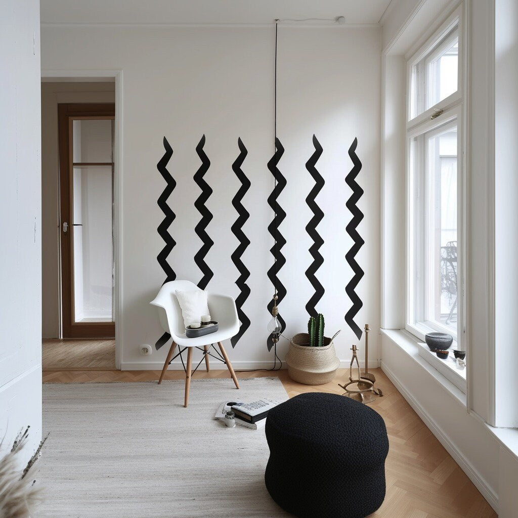 Modern Black Zigzag Wall Stickers - Vertical Patterns Vinyl Stickers for Contemporary Room Decor