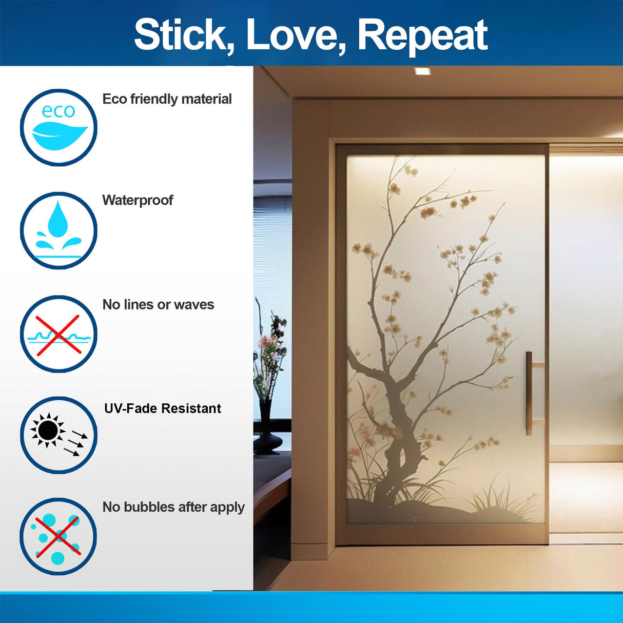 Frosted Black Cherry Blossom Tree Silhouette Decal for Glass Doors - Elegant Privacy Frosting Sticker Film Blooming Flowers for Glass Walls