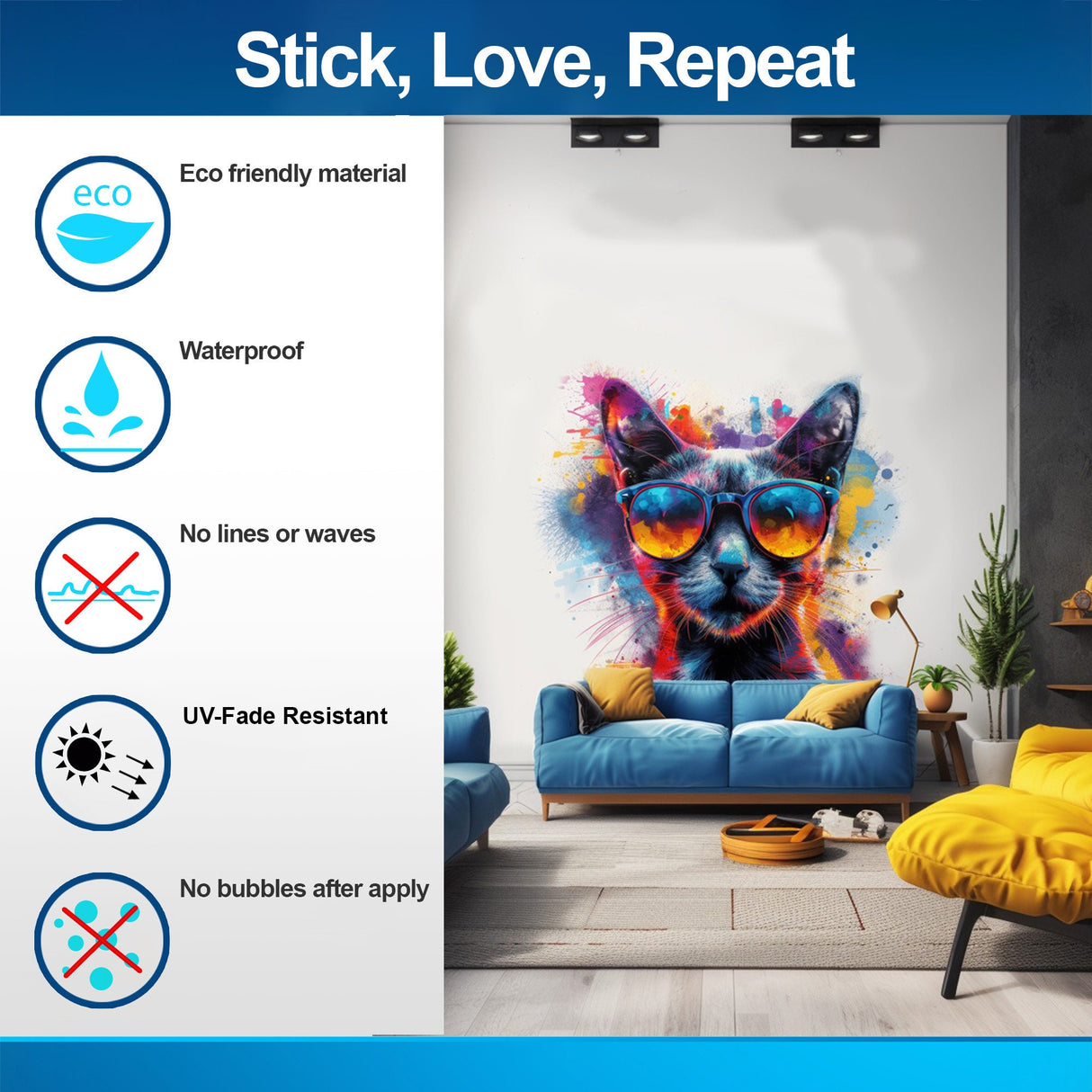 Cat with Sunglasses Wall Decal - Dynamic Watercolor Kitten Art Sticker for Modern Room Decor