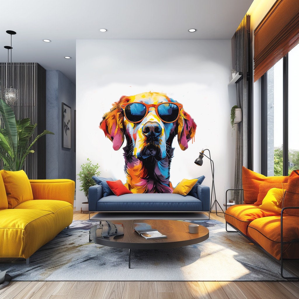 Colorful Watercolor Golden Retriever in Glasses Wall Sticker - Whimsical Toddler Room Dog Art Decal