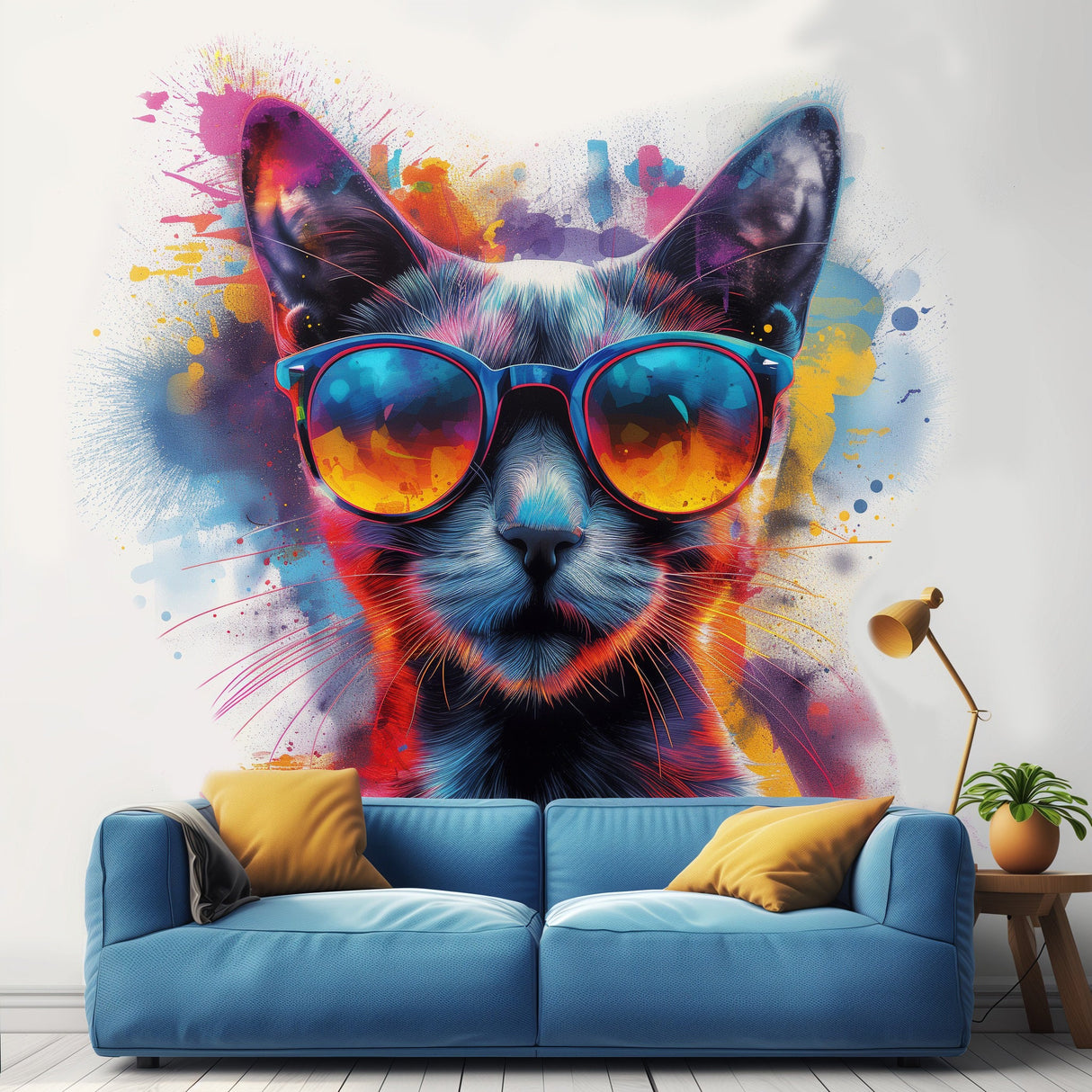 Cat with Sunglasses Wall Decal - Dynamic Watercolor Kitten Art Sticker for Modern Room Decor