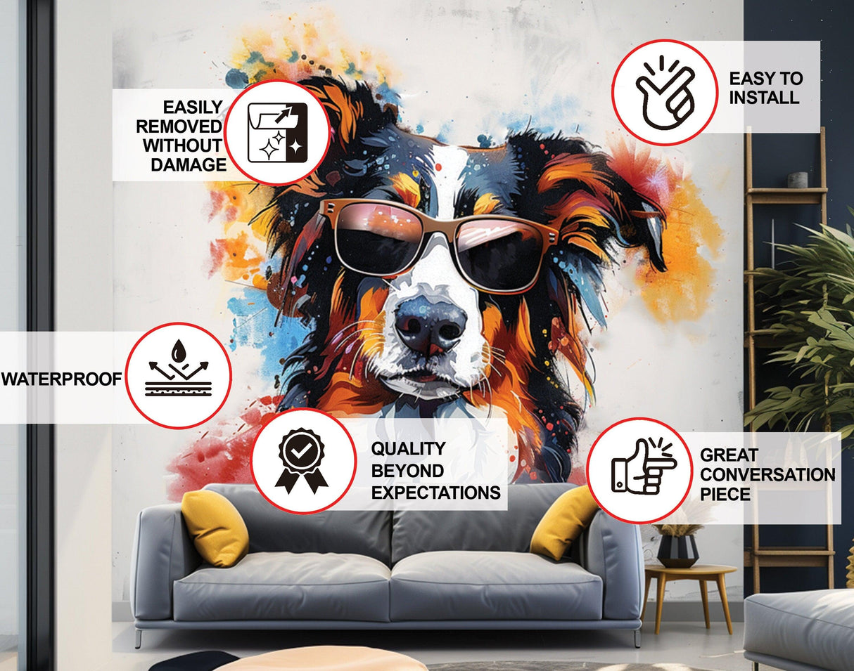 Bright Australian Shepherd wall decal wearing sunglasses, vibrant watercolor design for home decor.