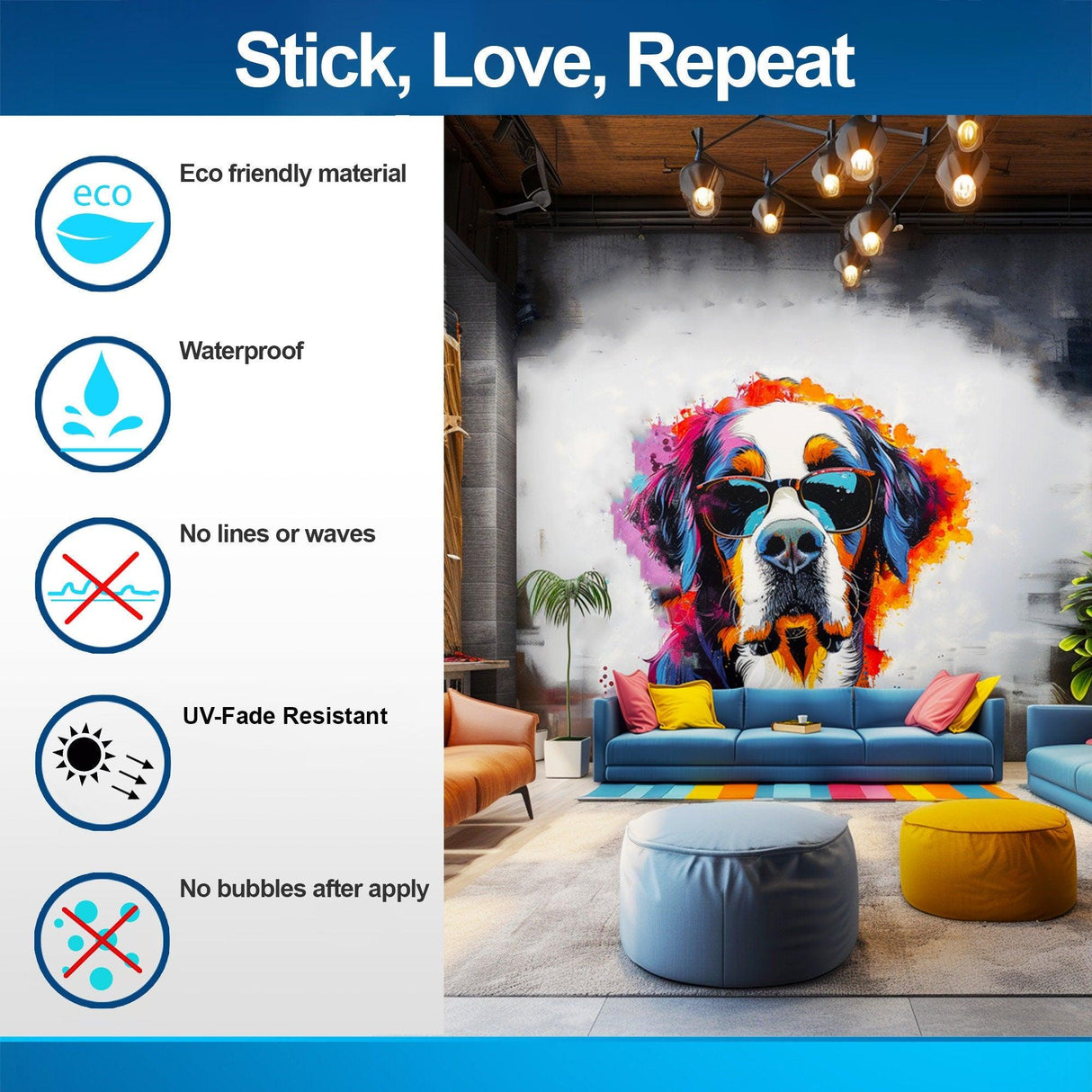 Eco-friendly waterproof colorful St. Bernard wall decal features dog in sunglasses, showing easy application benefits.