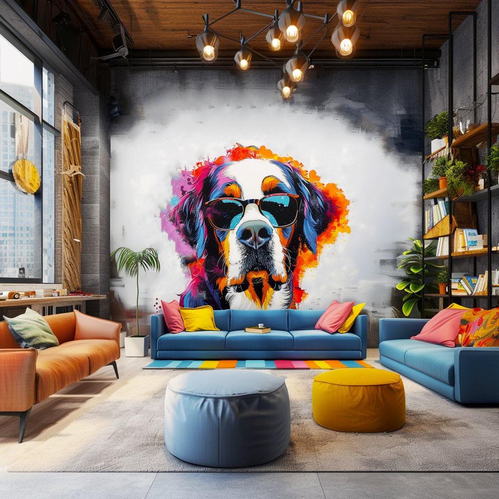 Colorful St. Bernard dog wall decal with glasses in a modern living room decor, vibrant watercolor art.