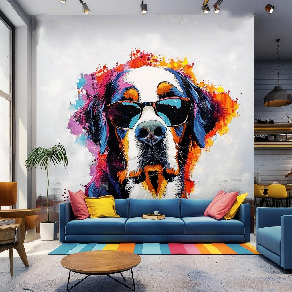 Colorful St. Bernard wall decal with glasses in a stylish living room, vibrant watercolor art sticker design.