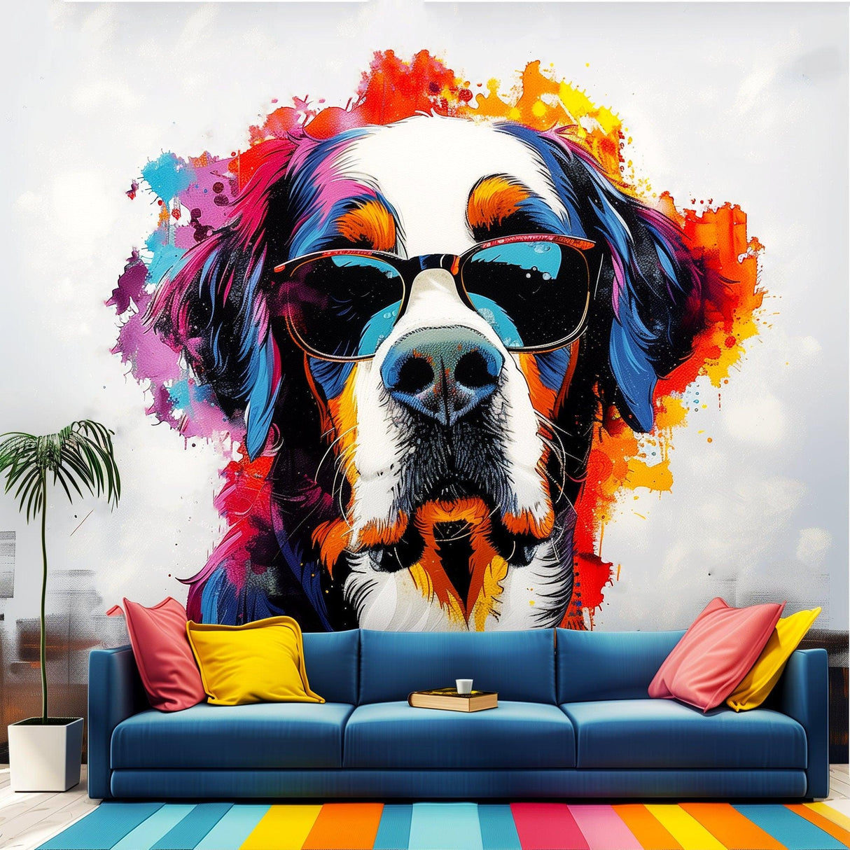 Colorful St. Bernard with sunglasses wall decal in a modern living room, vibrant watercolor art for home decor.