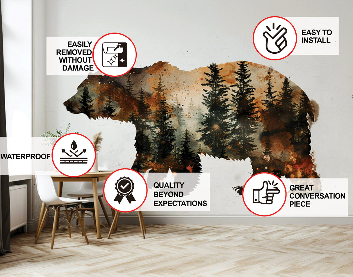 Autumn Forest Bear Silhouette Wall Sticker - Majestic Woodland Scene Bruin Nature Vinyl Decal for Rustic Home Decor