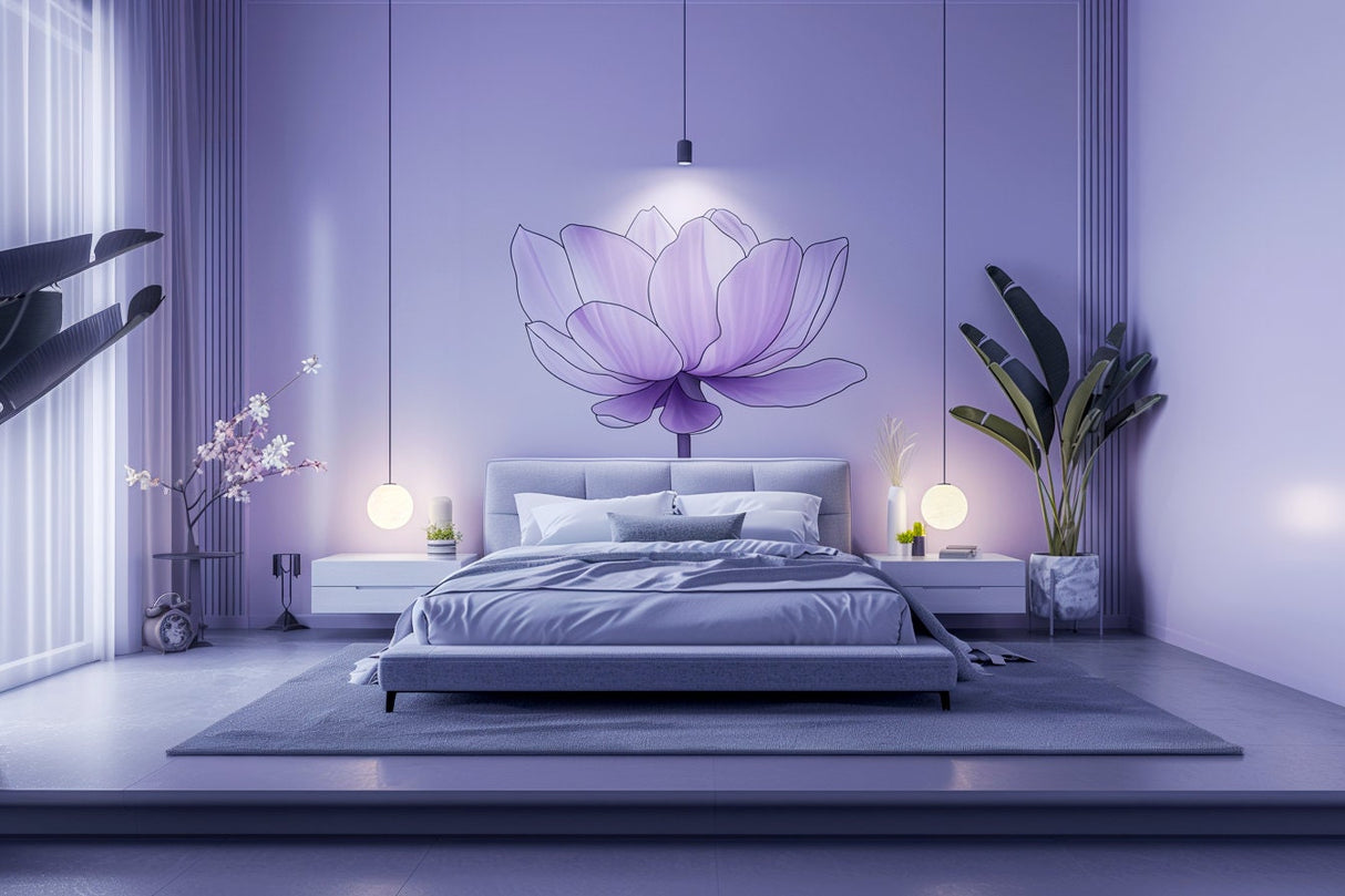Purple Lotus Flower Wall Decal - Tranquil Peel and Stick Floral Art for Bedroom Sticker Decor