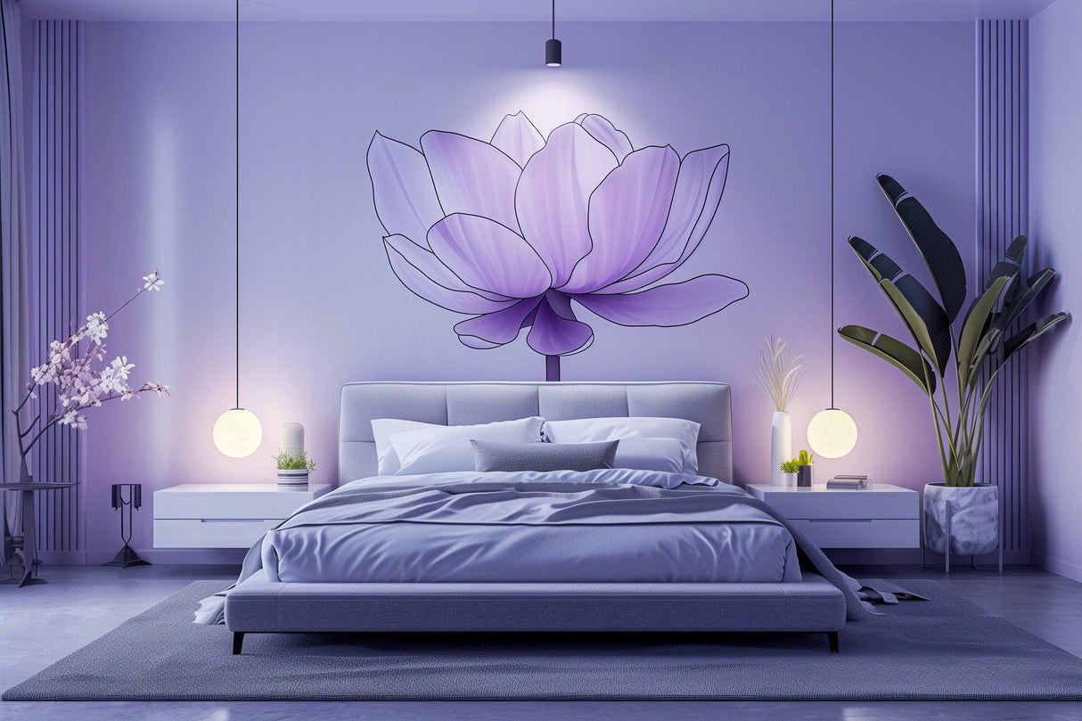 Purple lotus flower wall decal in modern bedroom, enhancing tranquil ambiance with stylish decor.