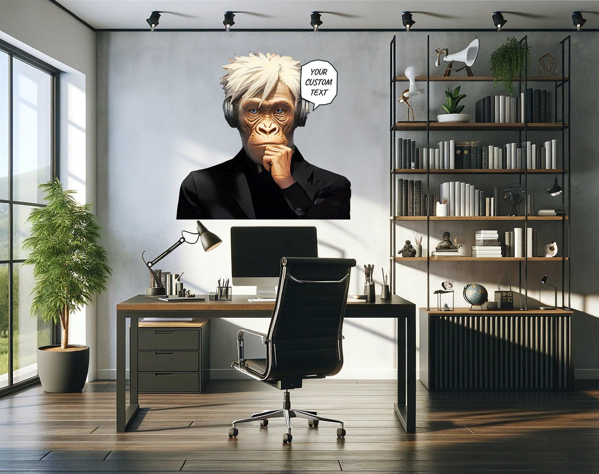 Wise Thinking Monkey Sticker on a home office wall, customizable text in speech bubble, modern workspace decor.