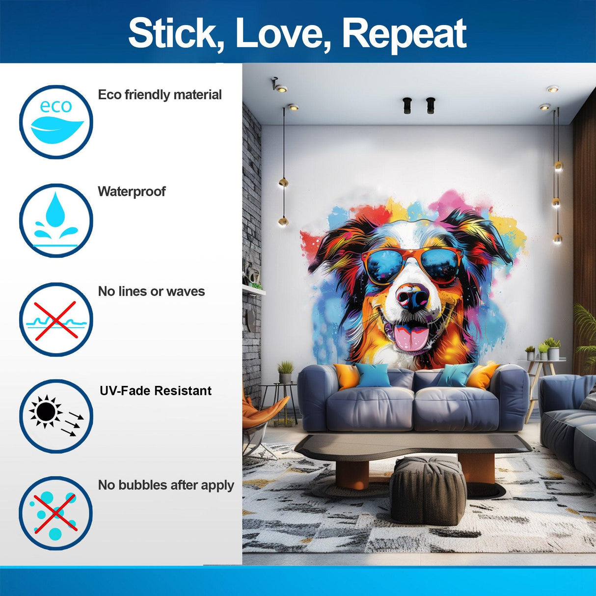 Colorful Australian Shepherd wall sticker in a living room, showcasing eco-friendly and waterproof features.