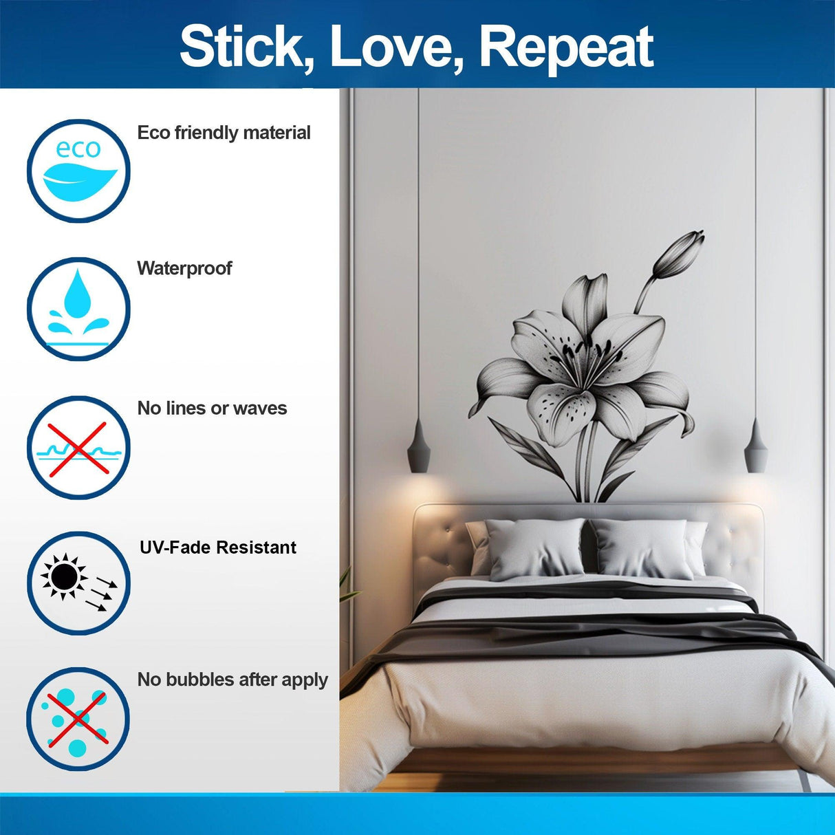 Elegant monochrome lily flower wall decal showcased in a stylish bedroom with eco-friendly features.