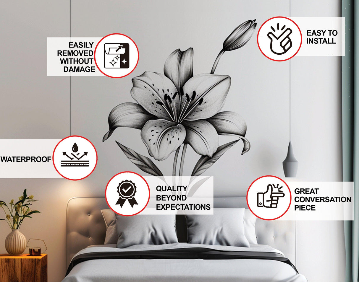 Elegant monochrome lily flower wall decal above bed, highlighting features like easy installation and waterproof quality.