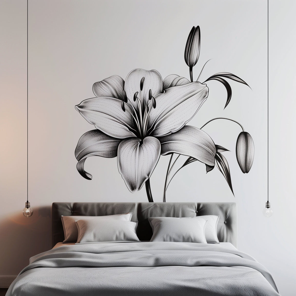 Classic Black and White Lily Bloom Wall Sticker - Elegant Floral Bedroom Wall Decal Decor
